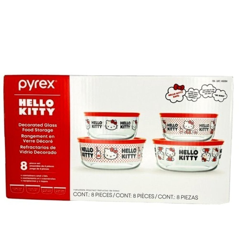 𝅺PYREX Hello Kitty Red Polka Dot Glass Food Storage Set 8 Pieces